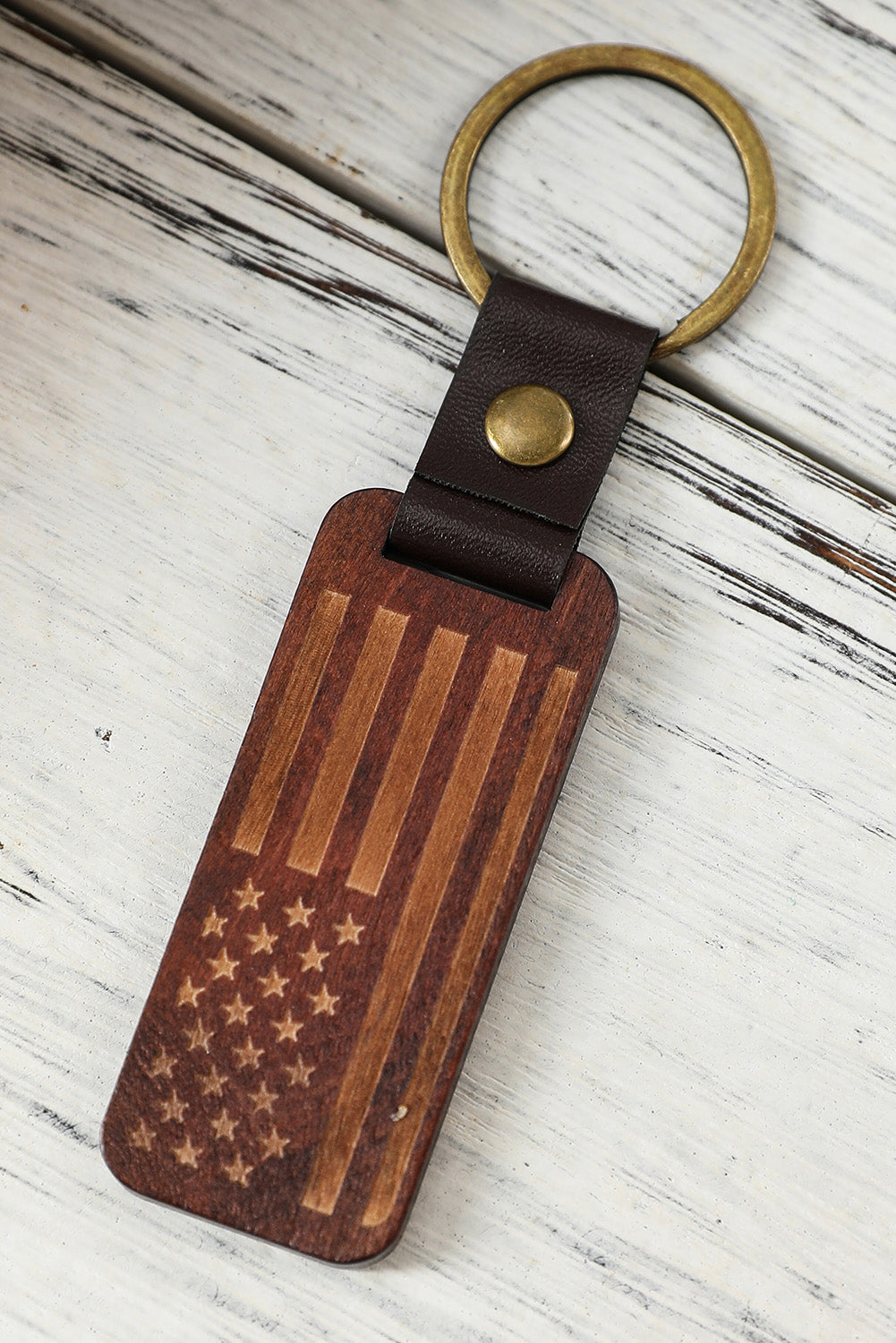 Brown American Flag Vintage Wood Leather Pendant Keychain Other Accessories JT's Designer Fashion