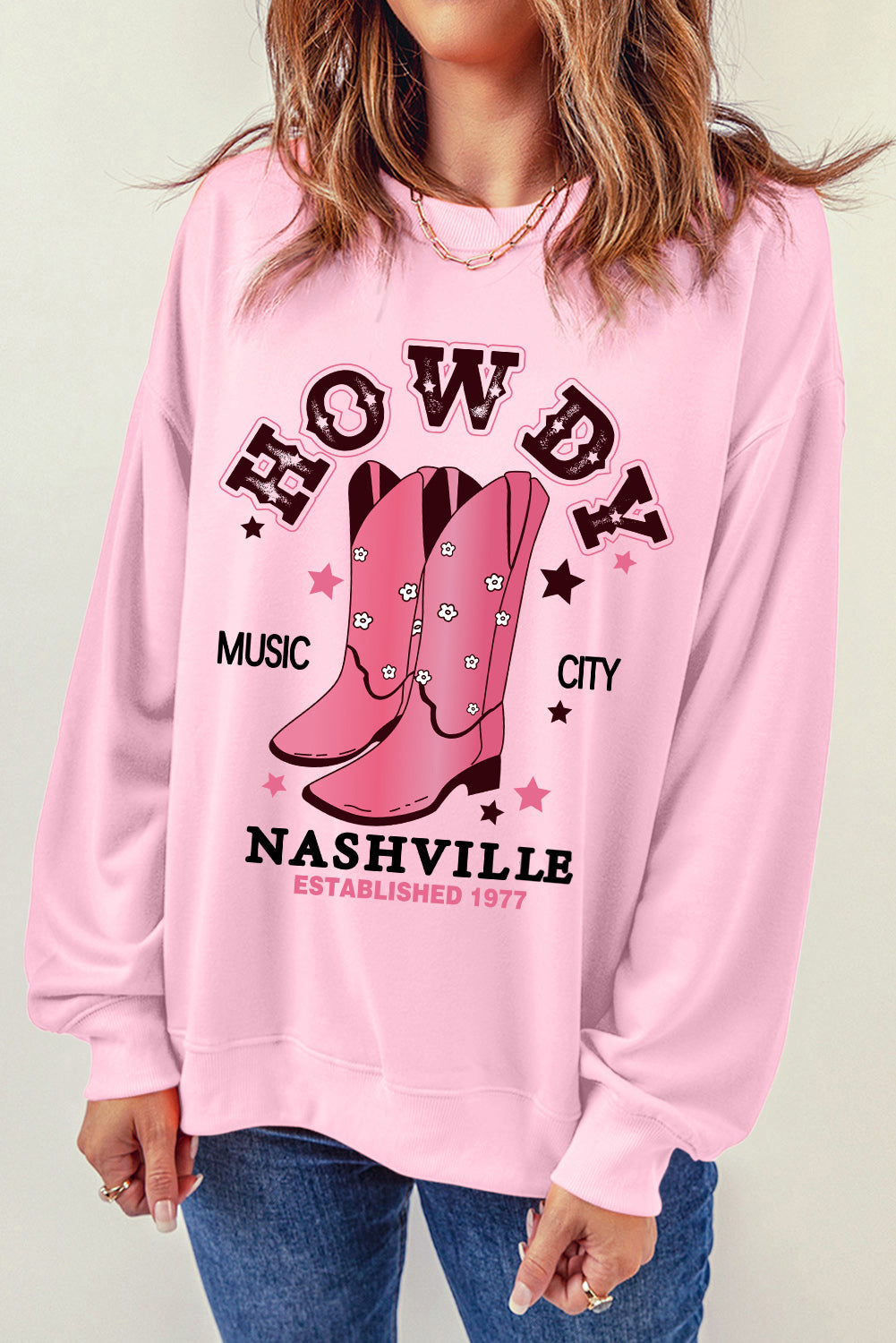 Pink HOWDY NASHVILLE Vintage Western Graphic Sweatshirt Graphic Sweatshirts JT's Designer Fashion