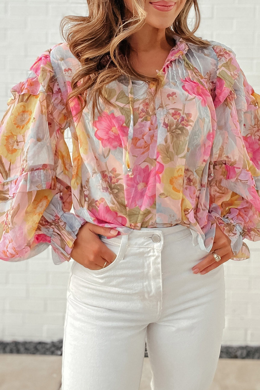 Pink Floral Print Tiered Ruffled Long Sleeve Blouse Tops & Tees JT's Designer Fashion