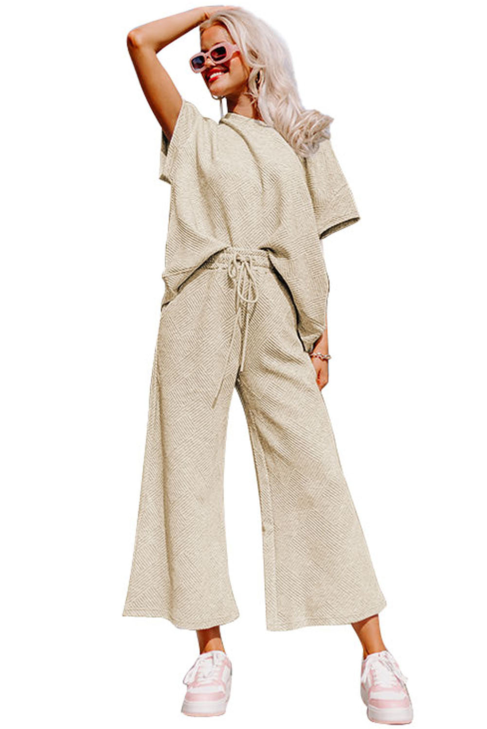 Apricot Gray Textured Loose Fit T Shirt and Drawstring Pants Set Bottoms JT's Designer Fashion