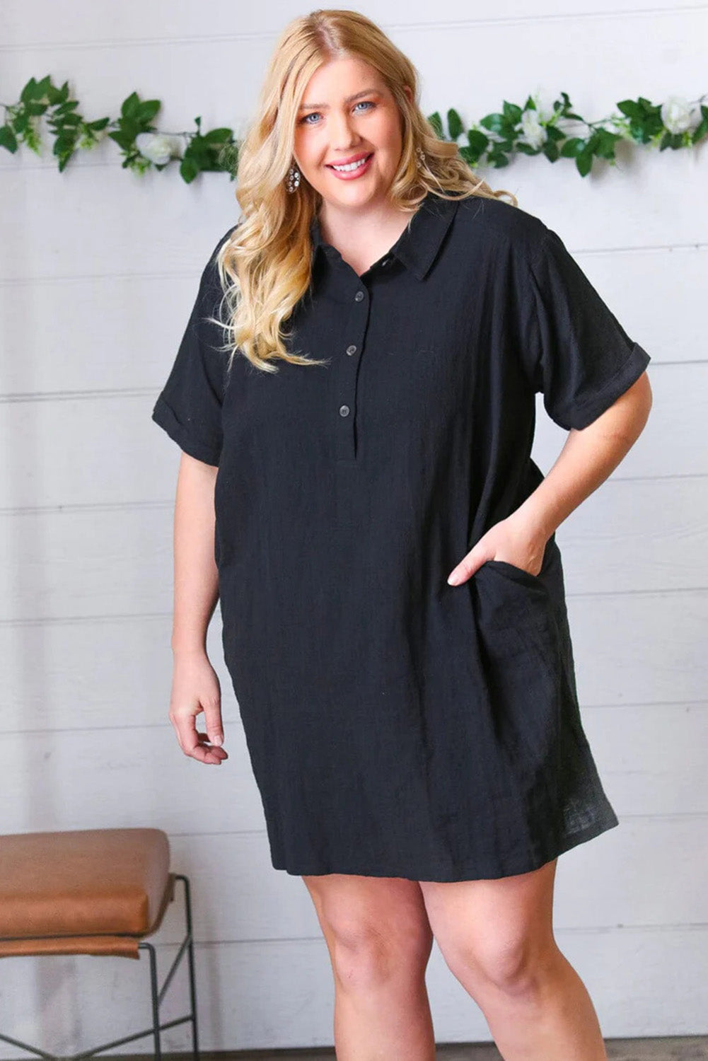 Black Plus Size Shirt Collar Buttoned Short Sleeve Shift Dress Plus Size JT's Designer Fashion