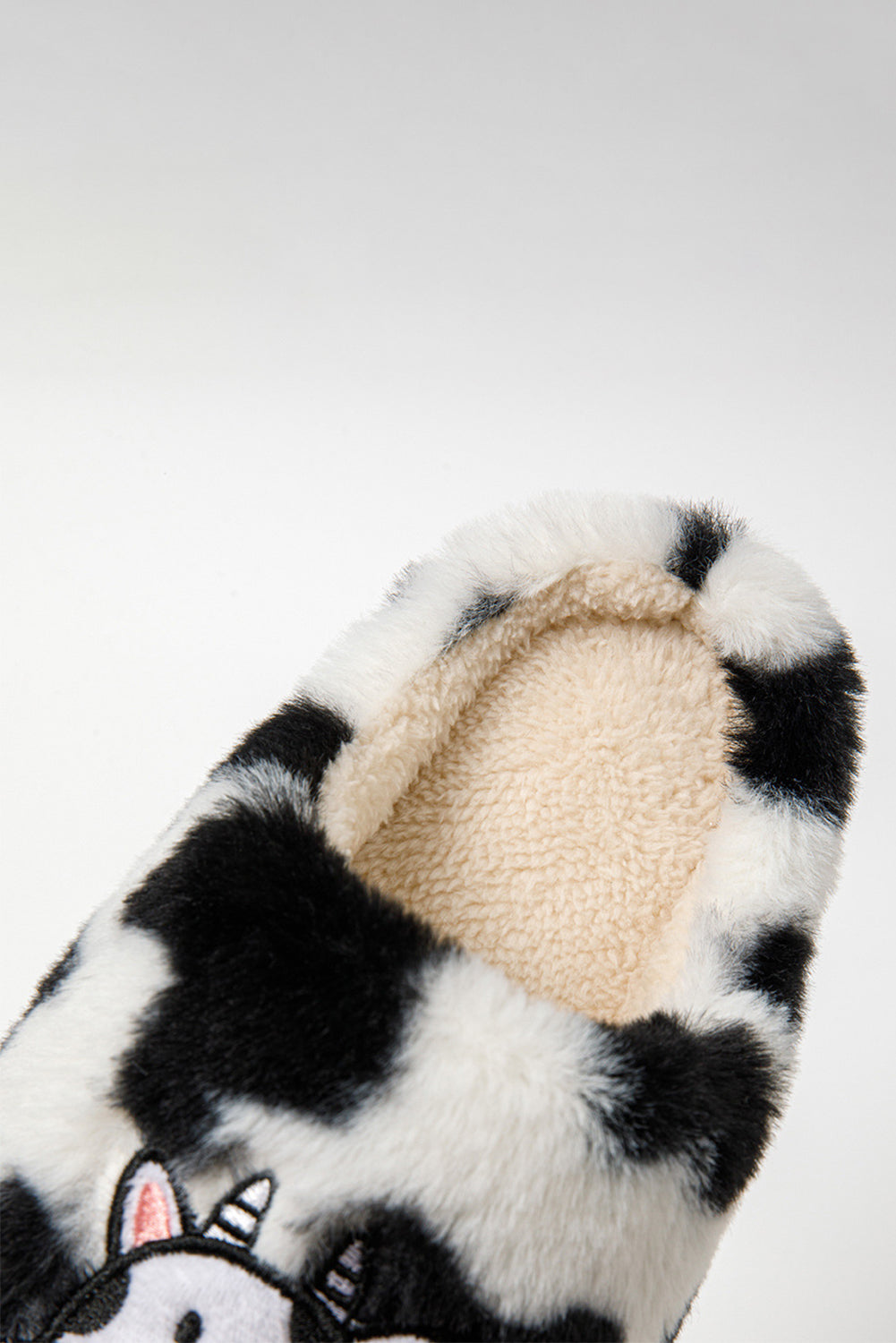 Bright White Cartoon Cow Embroidered Fuzzy Home Slippers Slippers JT's Designer Fashion