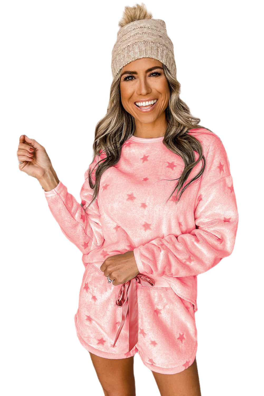 Peach Blossom Plush Star Pattern Long Sleeve Pullover and Shorts Lounge Set Bottoms JT's Designer Fashion