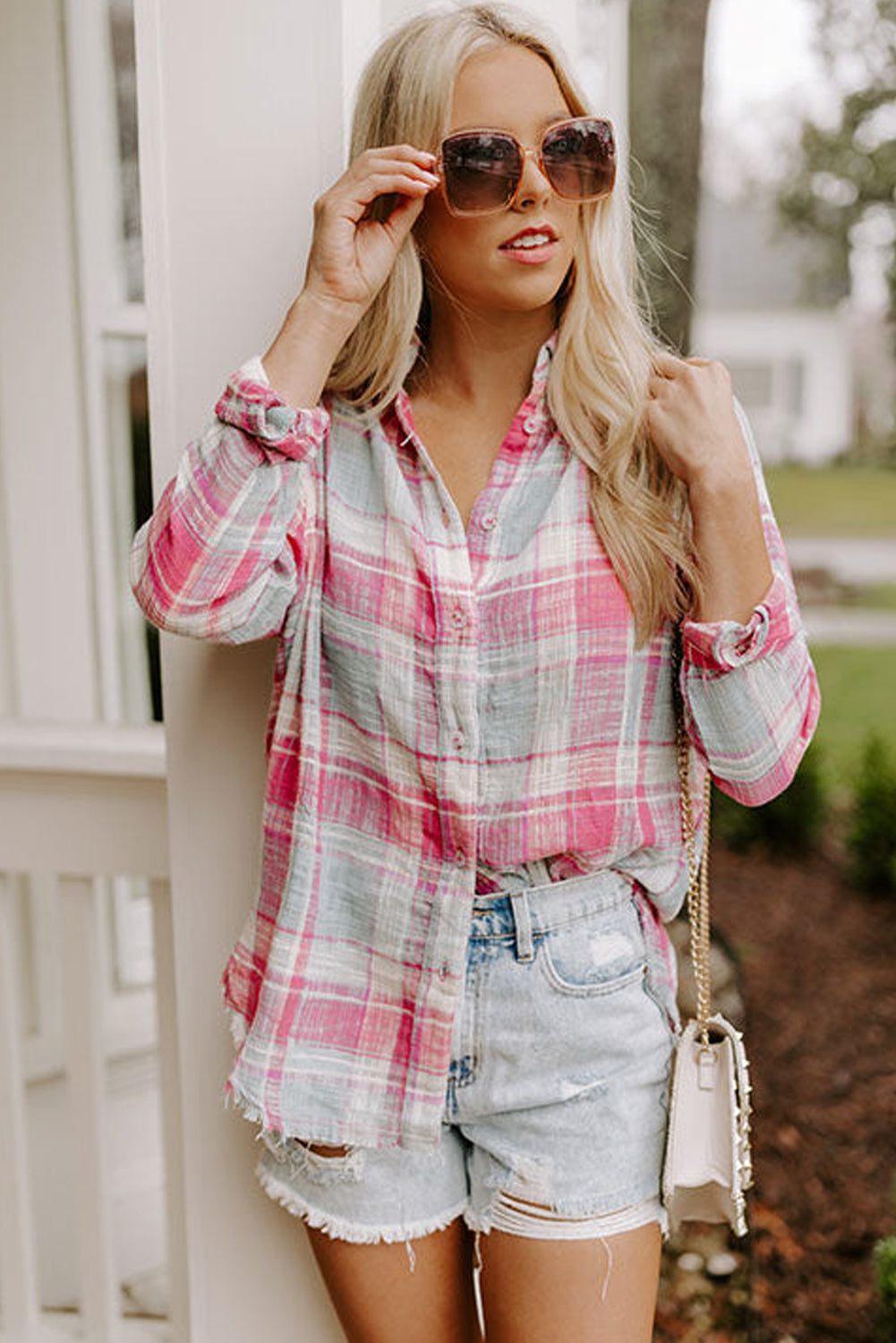 Pink Distressed Raw Edge Plaid Print Shirt Tops & Tees JT's Designer Fashion