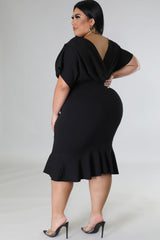 Black Plus Size Pleated V Neck Ruffle Hem Bodycon Dress Plus Size Dresses JT's Designer Fashion