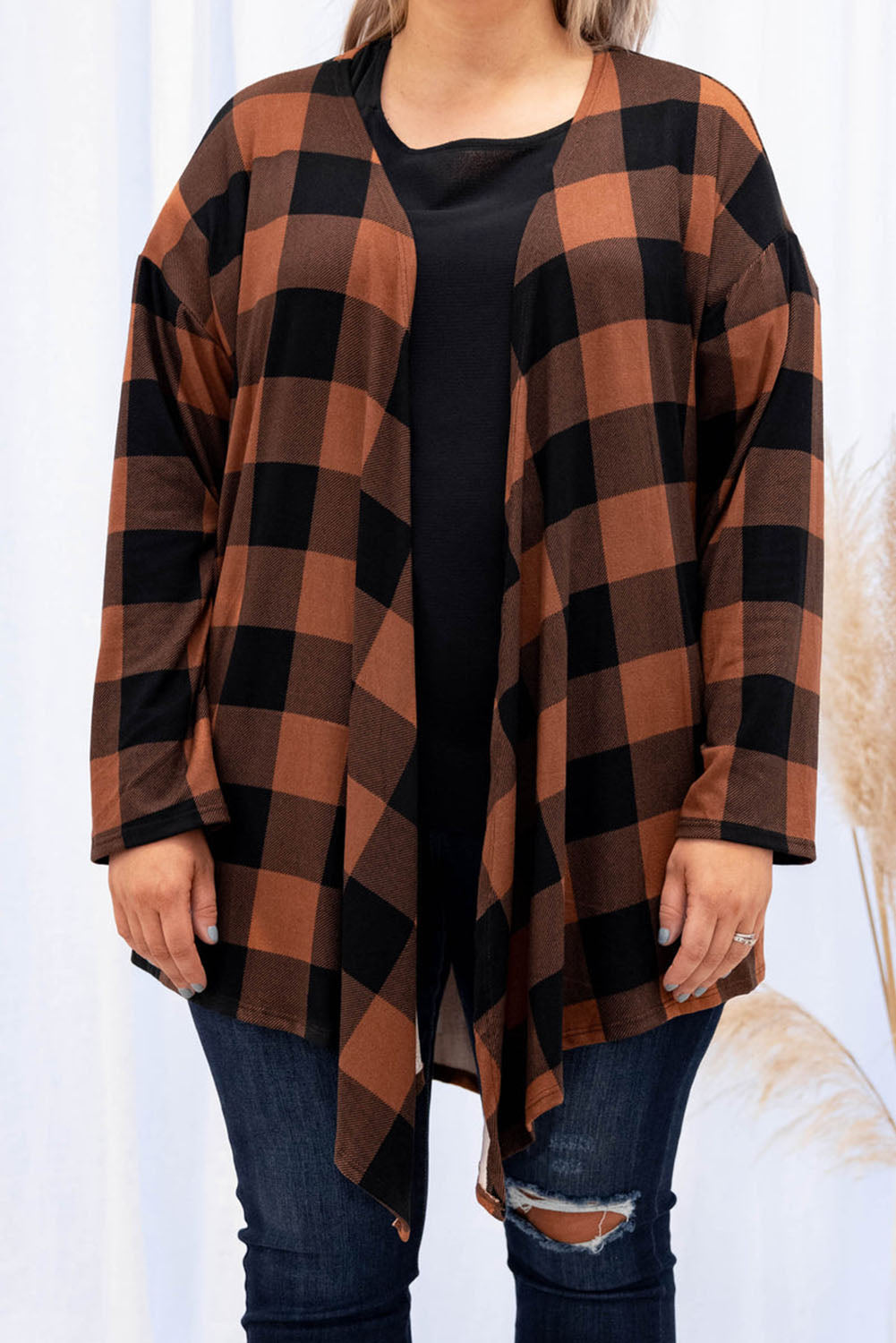 Brown Plus Size Plaid Pattern Open Front Cardigan Plus Size JT's Designer Fashion