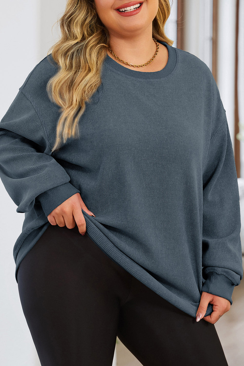 Blue Plus Size Corded Round Neck Sweatshirt Plus Size JT's Designer Fashion