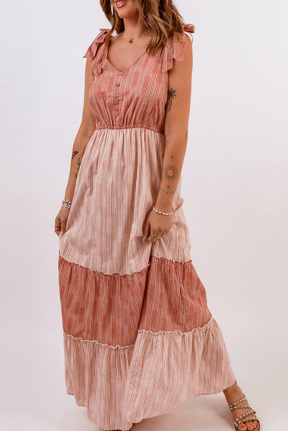 Tie Shoulder Striped Tiered Sleeveless Maxi Dress Stripe 100%Polyester Maxi Dresses JT's Designer Fashion