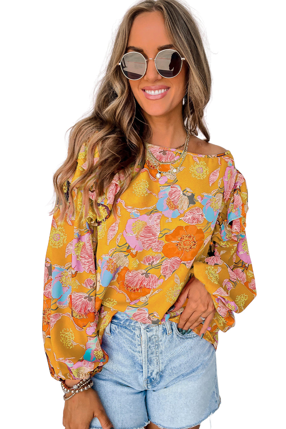 Ginger Floral Print Ruffle Puff Sleeve Blouse Tops & Tees JT's Designer Fashion