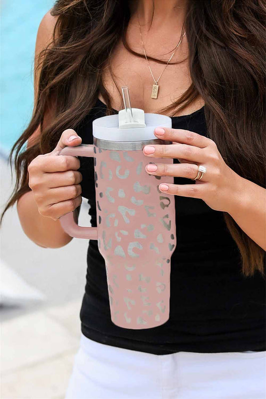 Pink Leopard Print 40OZ Stainless Steel Portable Cup with Handle Tumblers JT's Designer Fashion