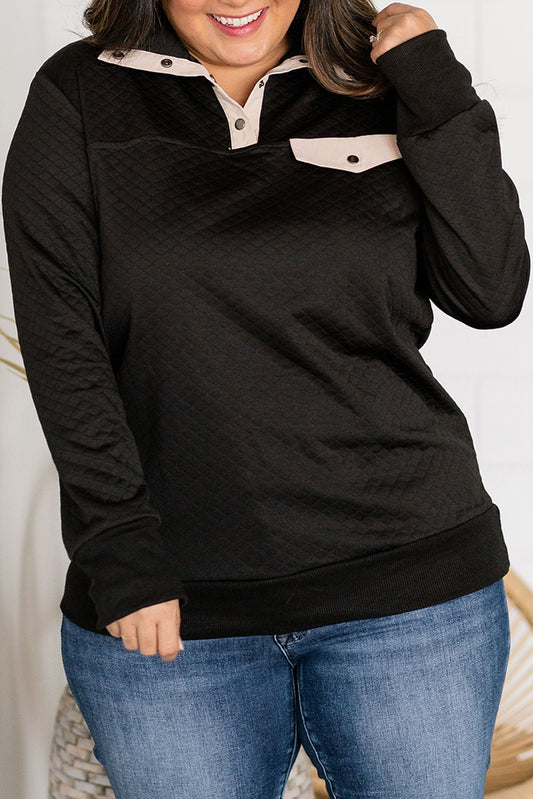 Black Plus Size Quilted Snap Button Henley Sweatshirt Plus Size JT's Designer Fashion