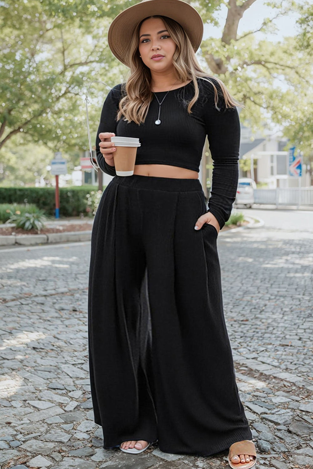 Black Plus Size Ribbed Slim Crop Top Wide Leg Pants Set Plus Size JT's Designer Fashion