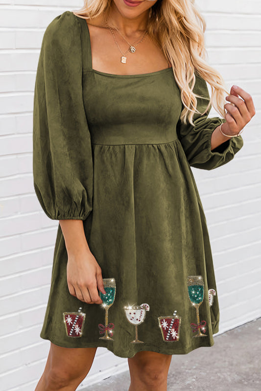 Jungle Green Christmas Drinks Puff Sleeve Square Neck Mini Dress Graphic Dresses JT's Designer Fashion