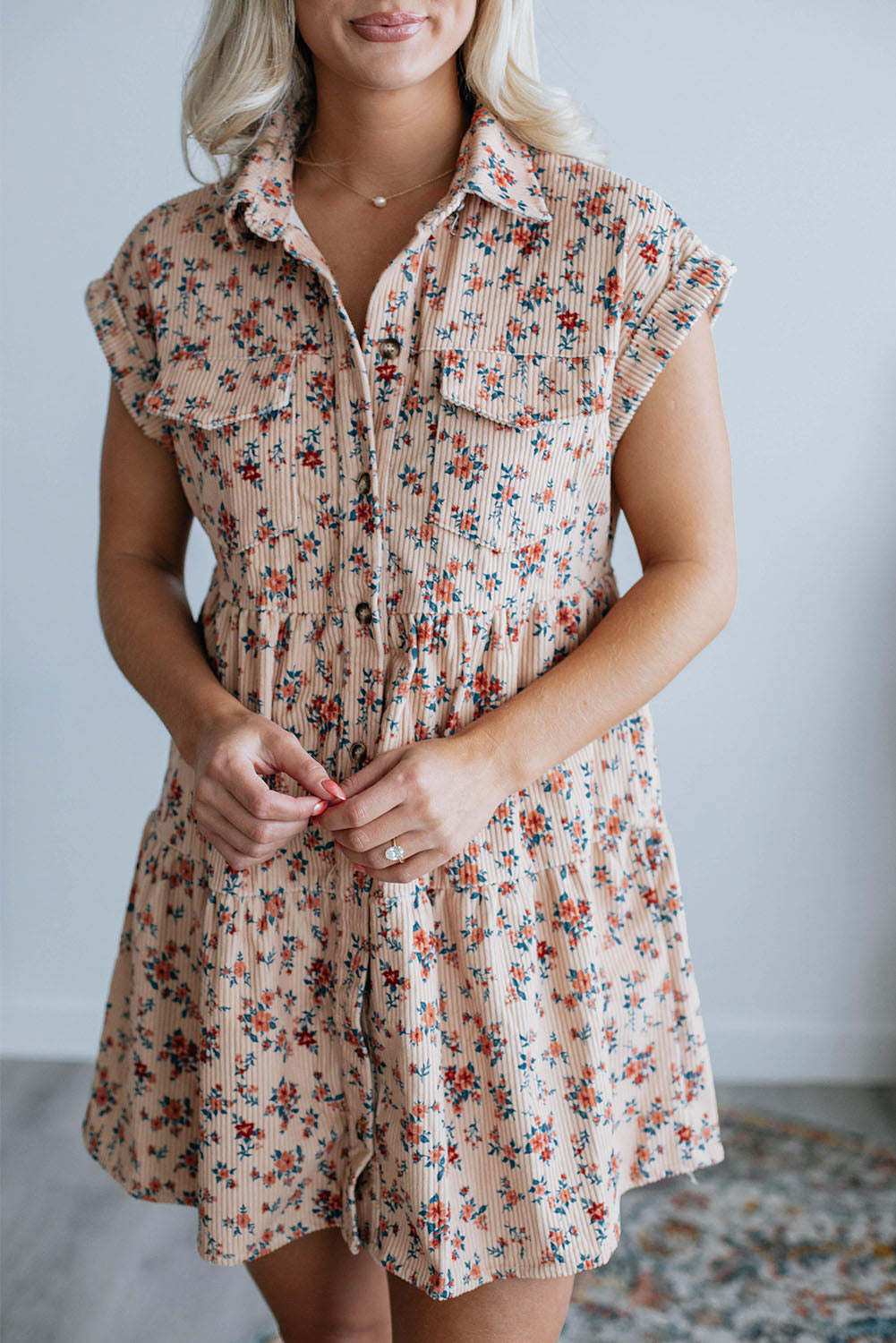 Pink Short Sleeve Flap Pockets Shirt Floral Dress Floral Dresses JT's Designer Fashion