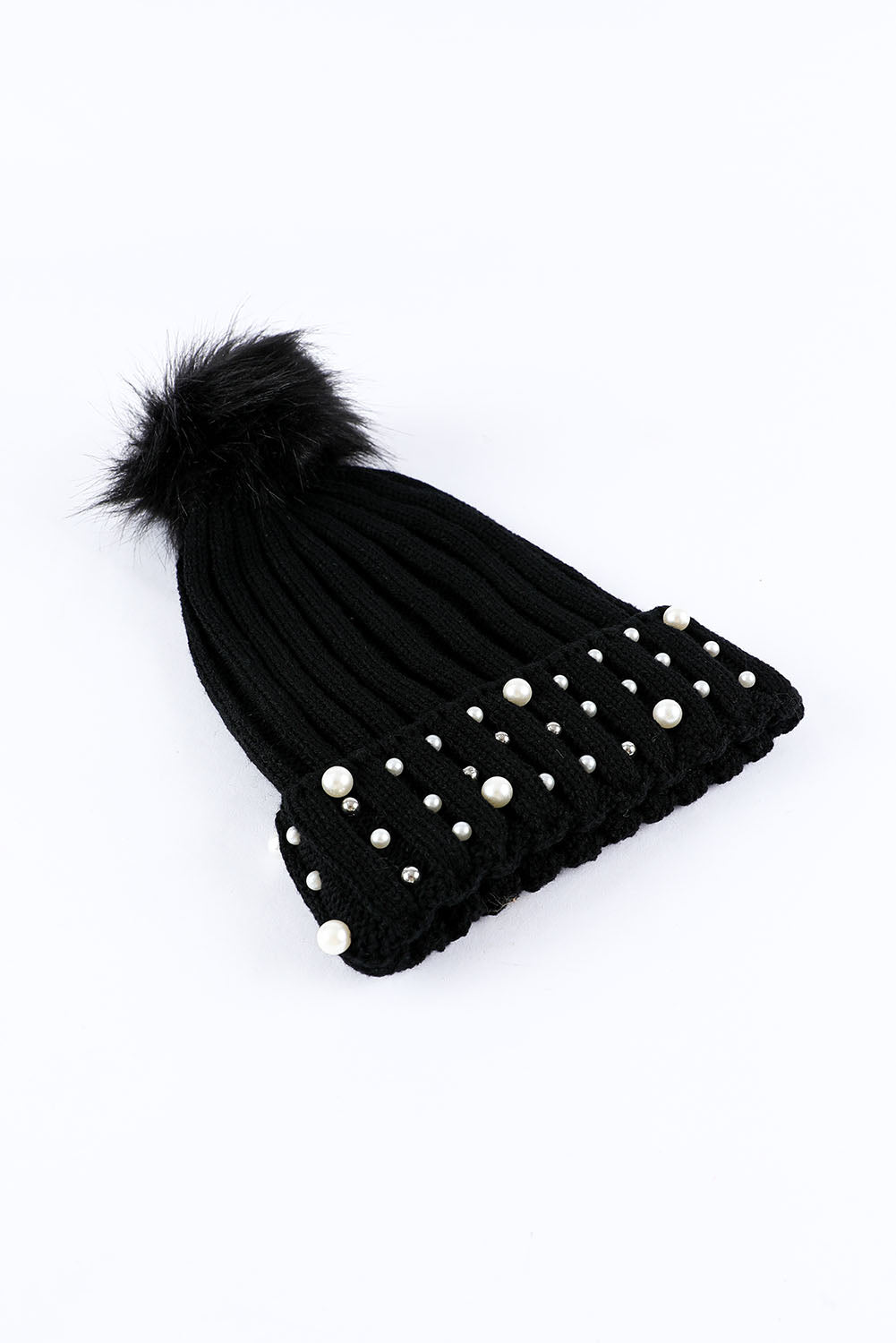 Black Faux Pearl & Pompom Decor Cuff Beanie Hats & Caps JT's Designer Fashion