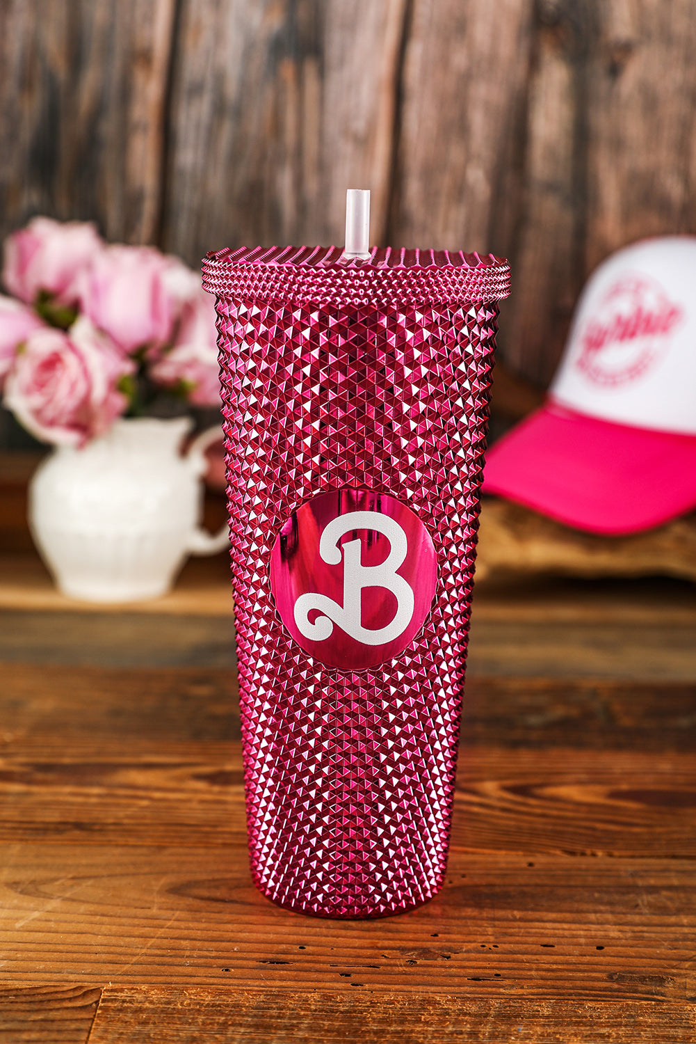 Rose Red Letter B Studded Tumbler with Straw Tumblers JT's Designer Fashion