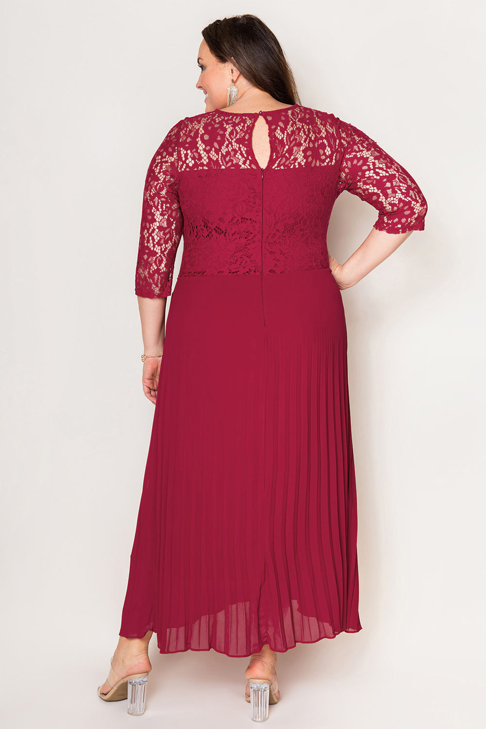 Red Lace Scalloped V Neck 3/4 Sleeves Pleated Tulle Plus Maxi Dress Plus Size Dresses JT's Designer Fashion