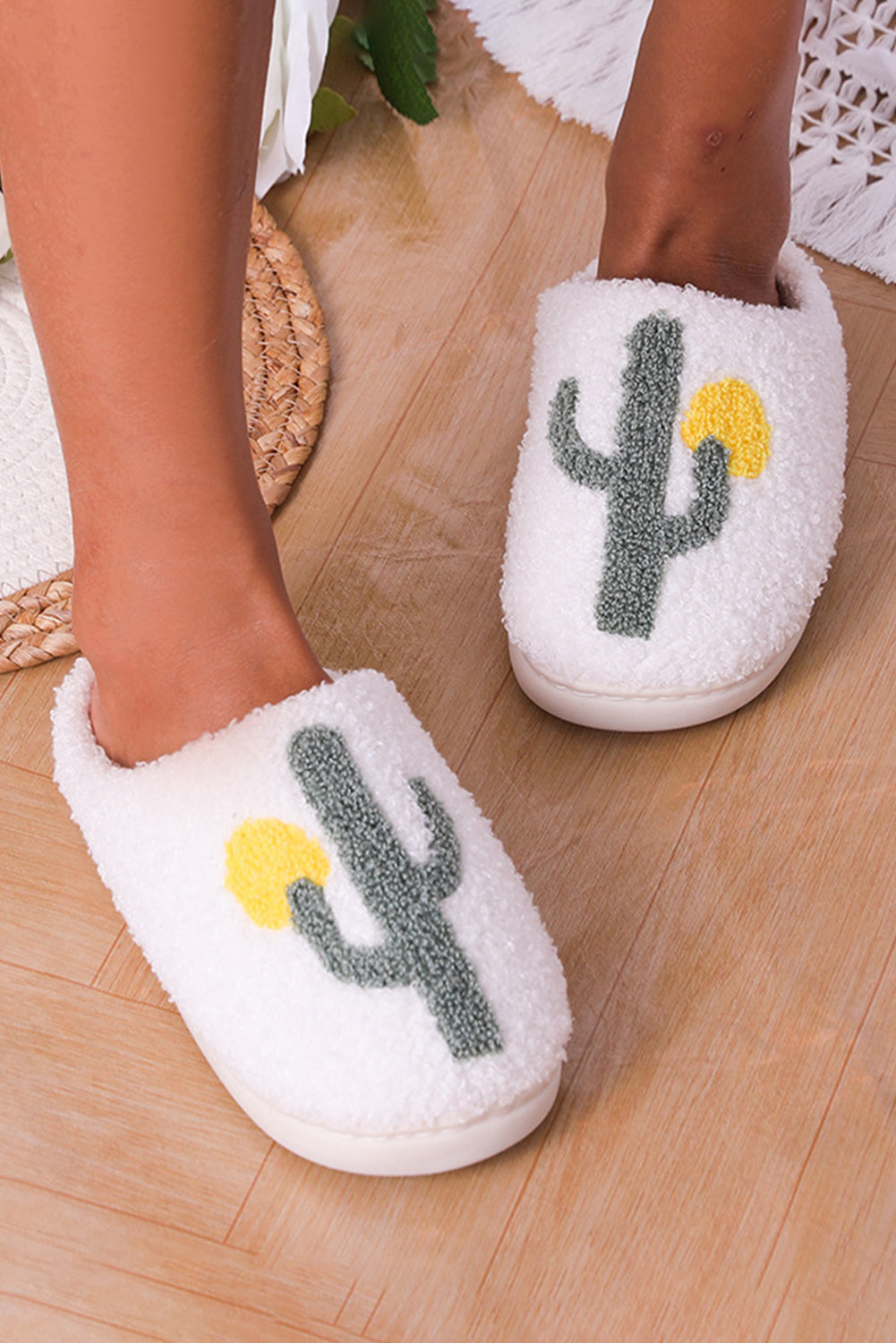 White Fuzzy Cactus Pattern Winter Home Slippers Slippers JT's Designer Fashion