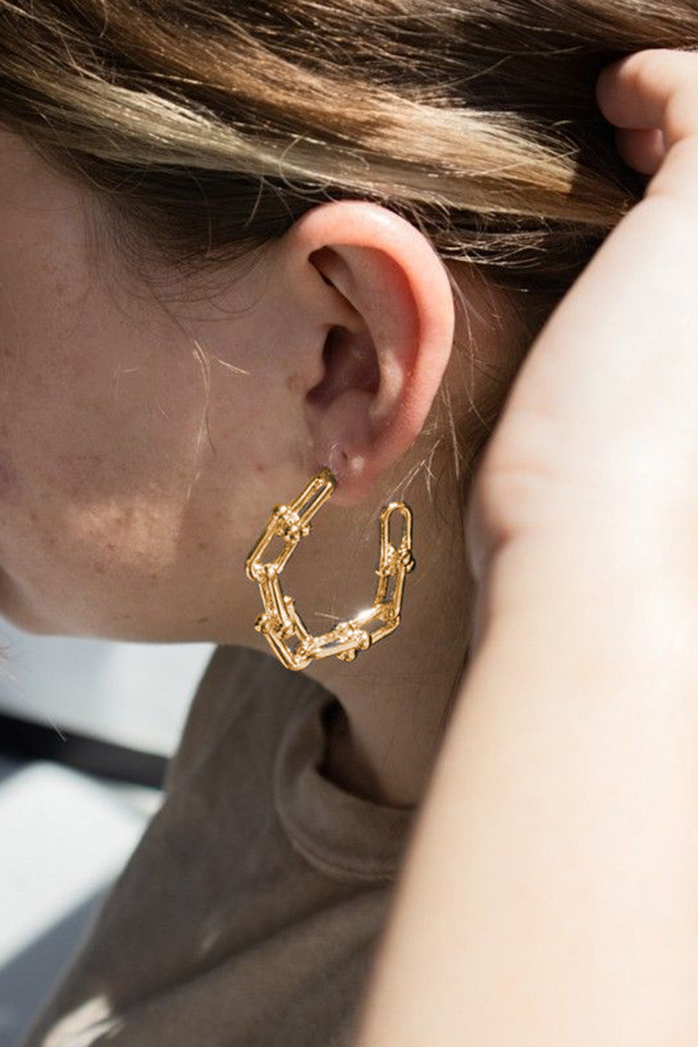 Gold Paper Clip Linked C Shape Hoop Earrings Jewelry JT's Designer Fashion