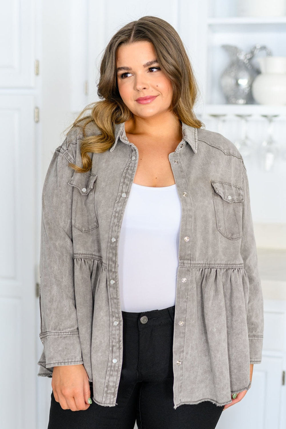 Gray Acid Wash Buttoned Ruffled Plus Size Denim Shacket Plus Size JT's Designer Fashion