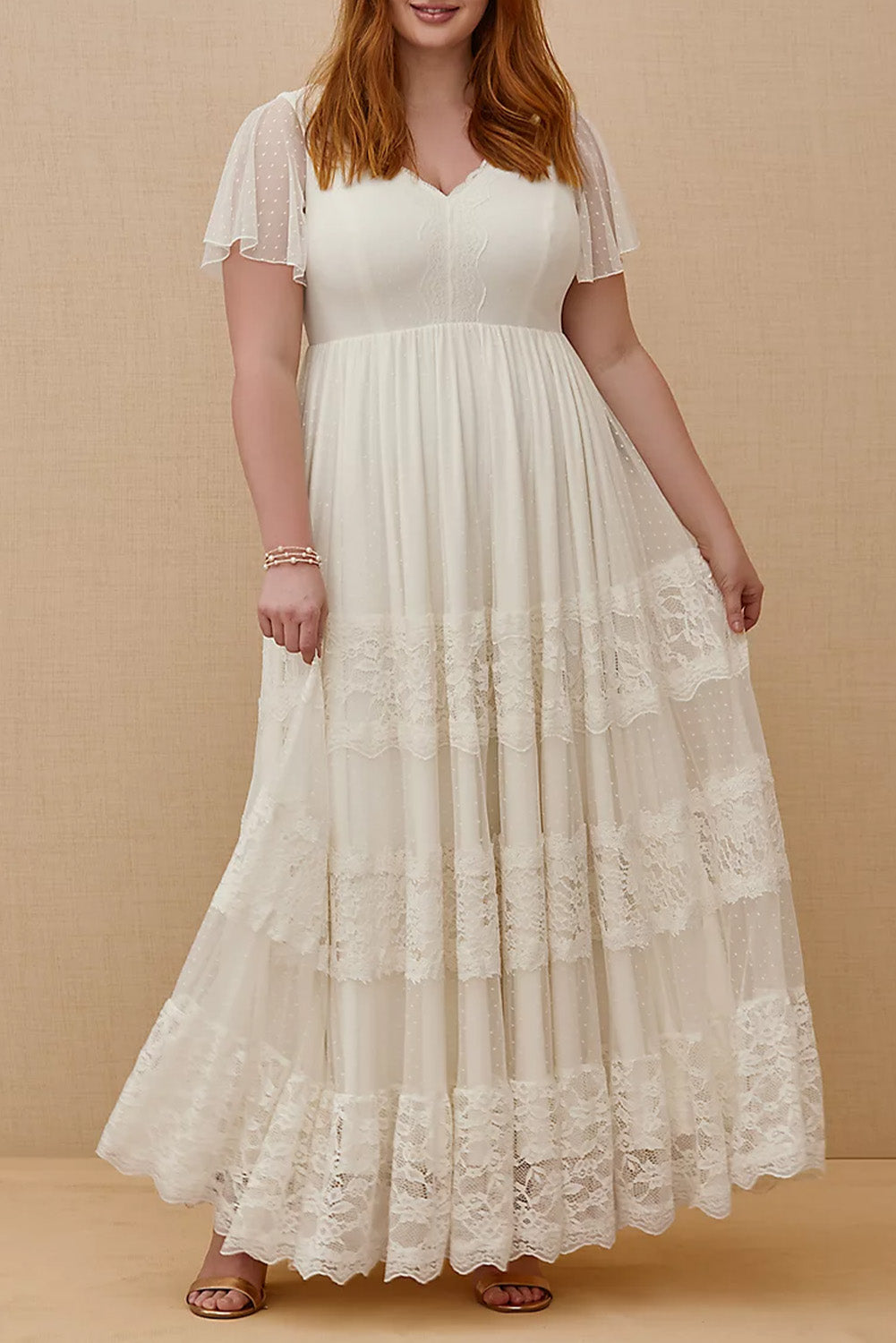 White Plus Size Lace A-line Boho Wedding Dress White 90%Polyamide+10%Elastane Plus Size Dresses JT's Designer Fashion