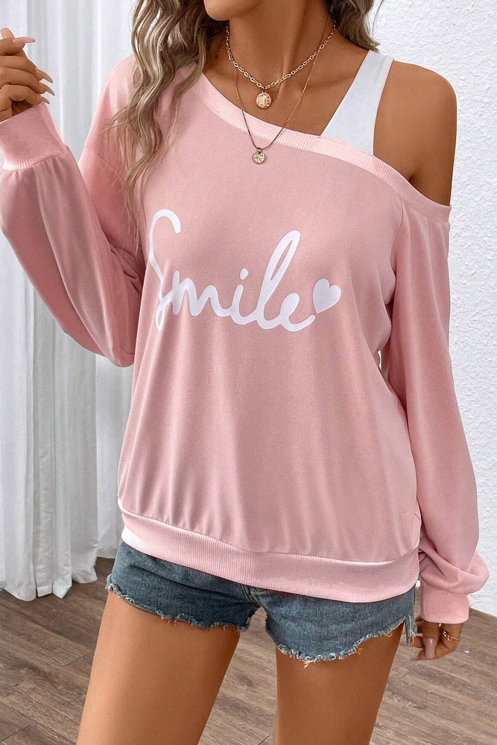 Light Pink Smile Heart Graphic Asymmetrical Long Sleeve Top Pre Order Tops JT's Designer Fashion