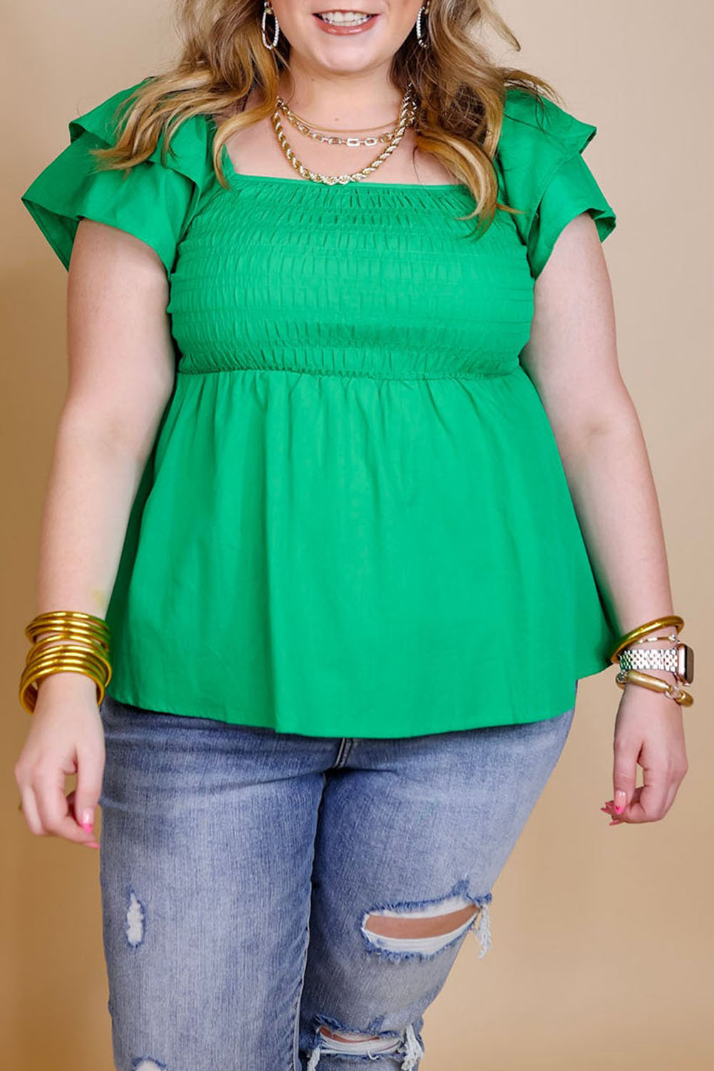 Green Ruffle Tiered Short Sleeve Plus Size Babydoll Top Plus Size JT's Designer Fashion