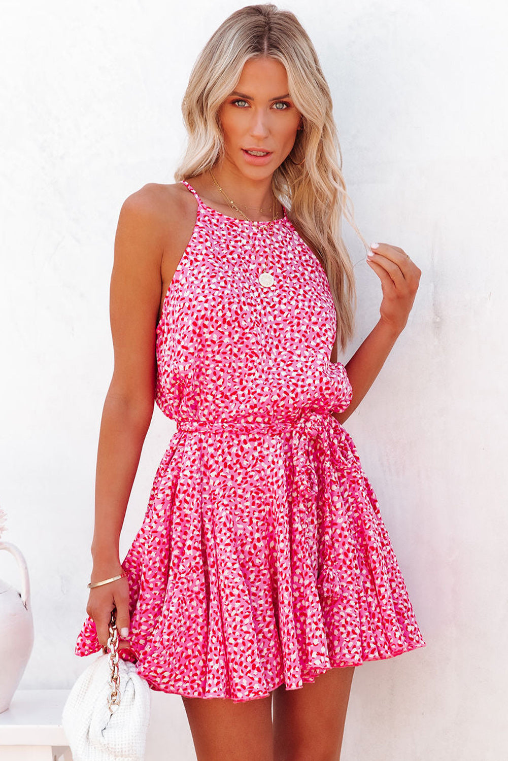 Pink Leopard Print Sleeveless Mini Dress with Waist Tie Mini Dresses JT's Designer Fashion