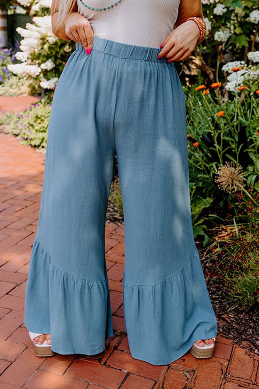 Sky Blue High Waist Ruffled Wide Leg Trousers Plus Size JT's Designer Fashion