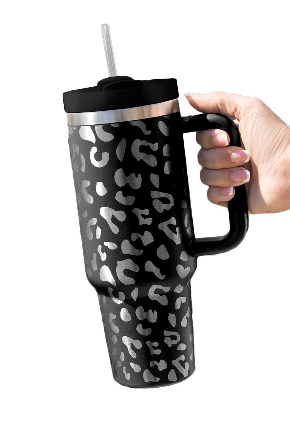 Black Leopard Print 40OZ Stainless Steel Portable Cup with Handle Tumblers JT's Designer Fashion