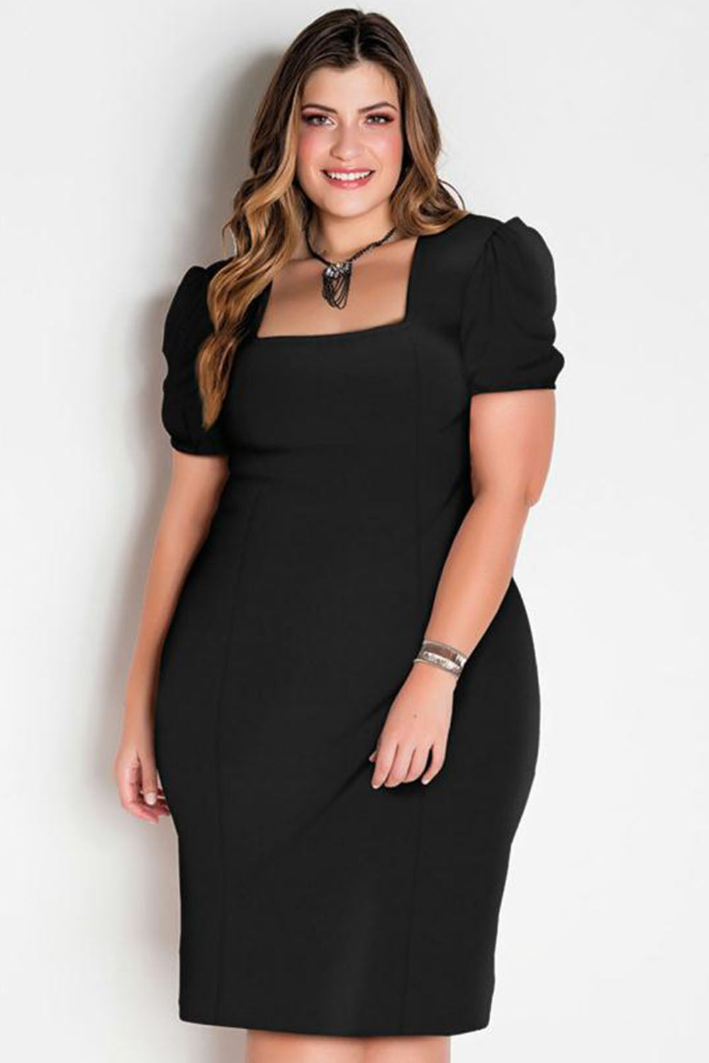 Black Square Neck Bubble Sleeve Plus Size Midi Dress Plus Size JT's Designer Fashion