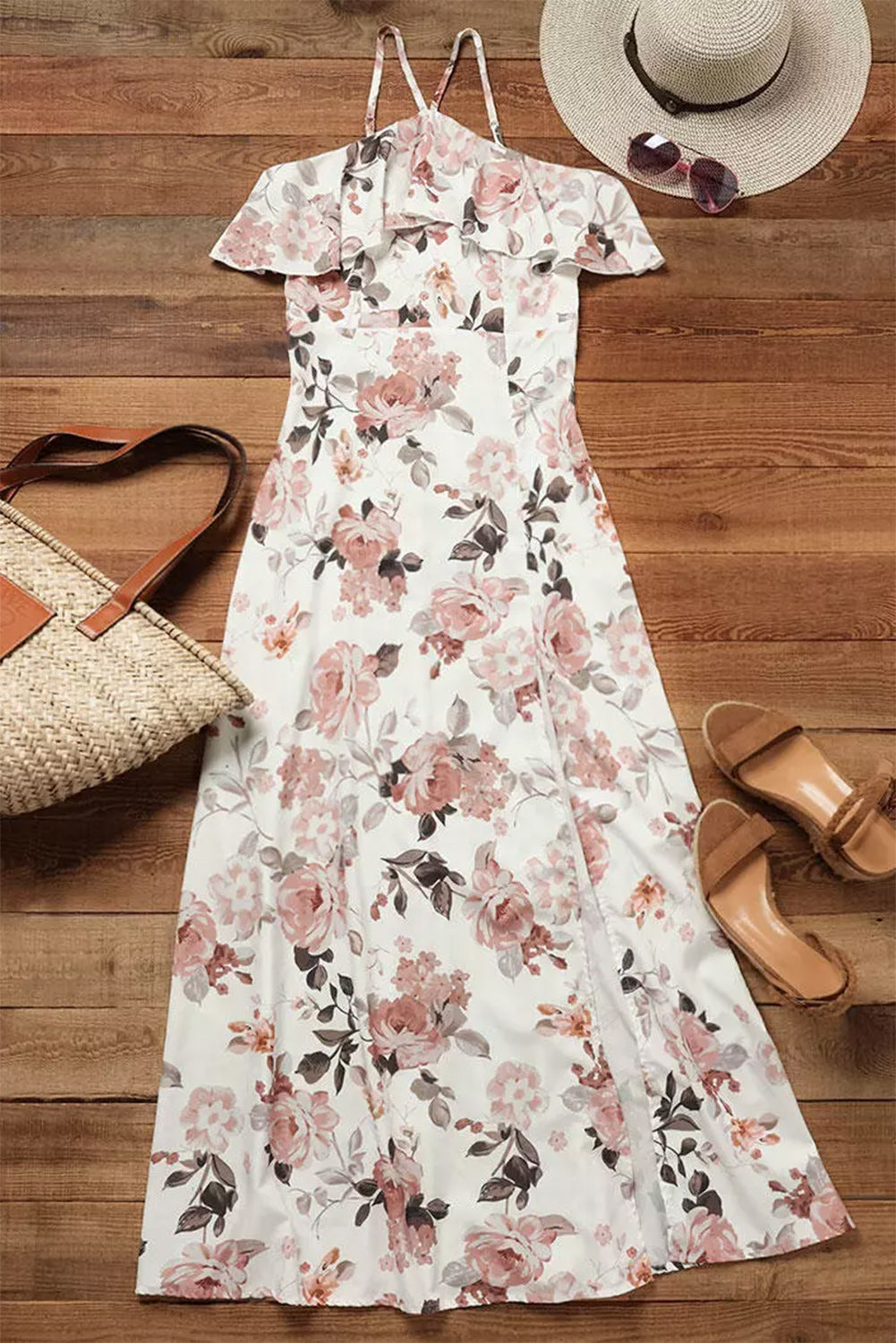 White Floral Slit Ruffled Halterneck Maxi Dress Floral Dresses JT's Designer Fashion