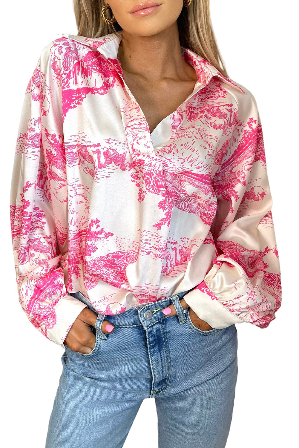 White Graphic Print Turn Down Collar Long Sleeve Shirt Blouses & Shirts JT's Designer Fashion