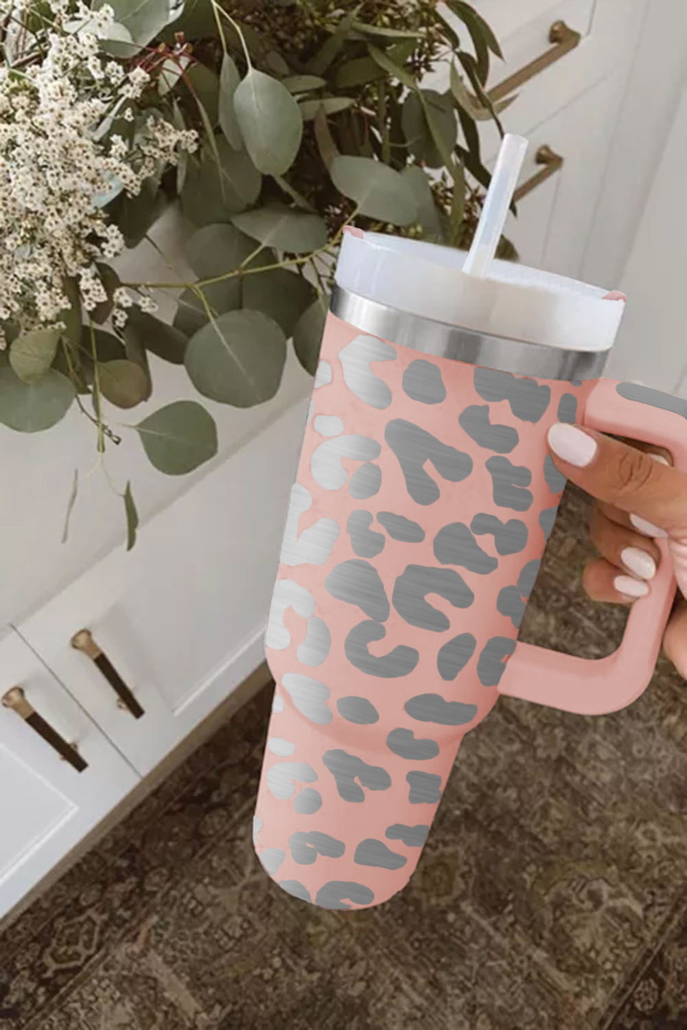 Pink Leopard Print 40OZ Stainless Steel Portable Cup with Handle Tumblers JT's Designer Fashion