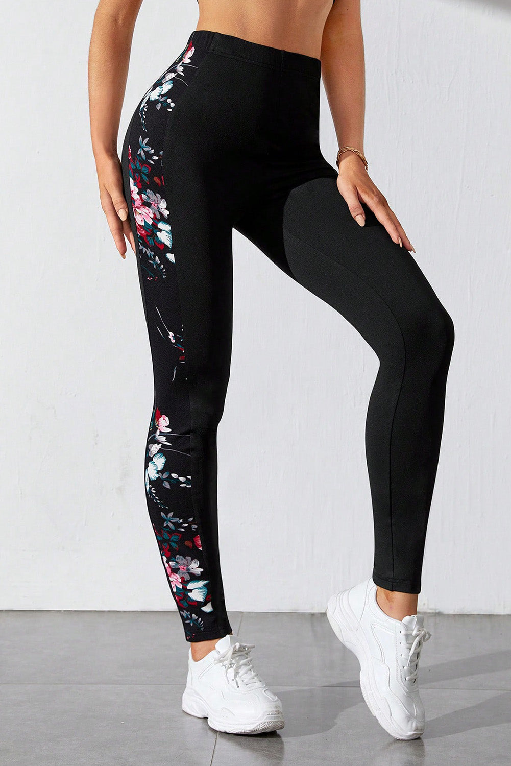 Black Floral Print Patch High Waist Leggings Bottoms JT's Designer Fashion