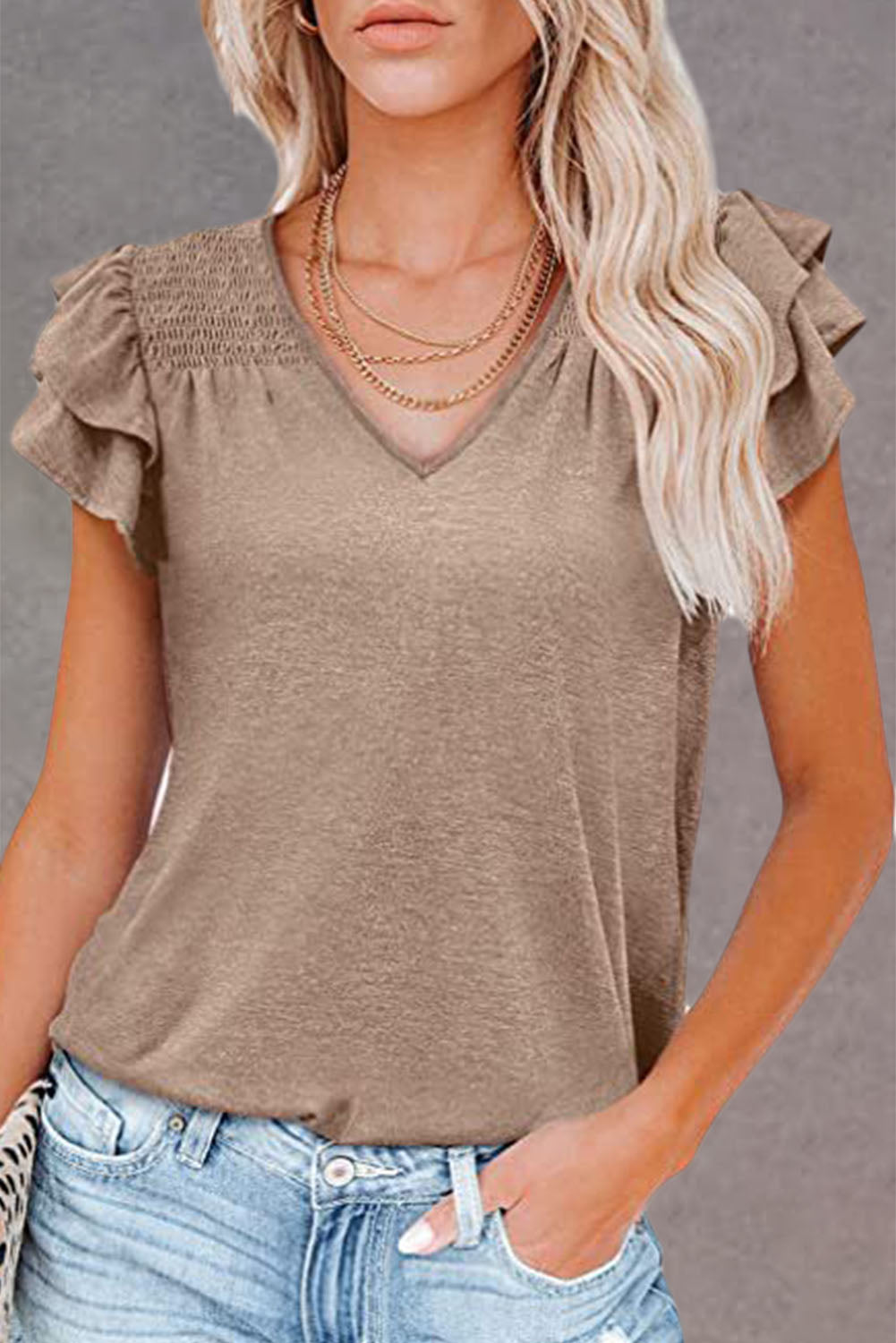 Khaki Solid Color V Neck Flutter Sleeve T-Shirt Tops & Tees JT's Designer Fashion