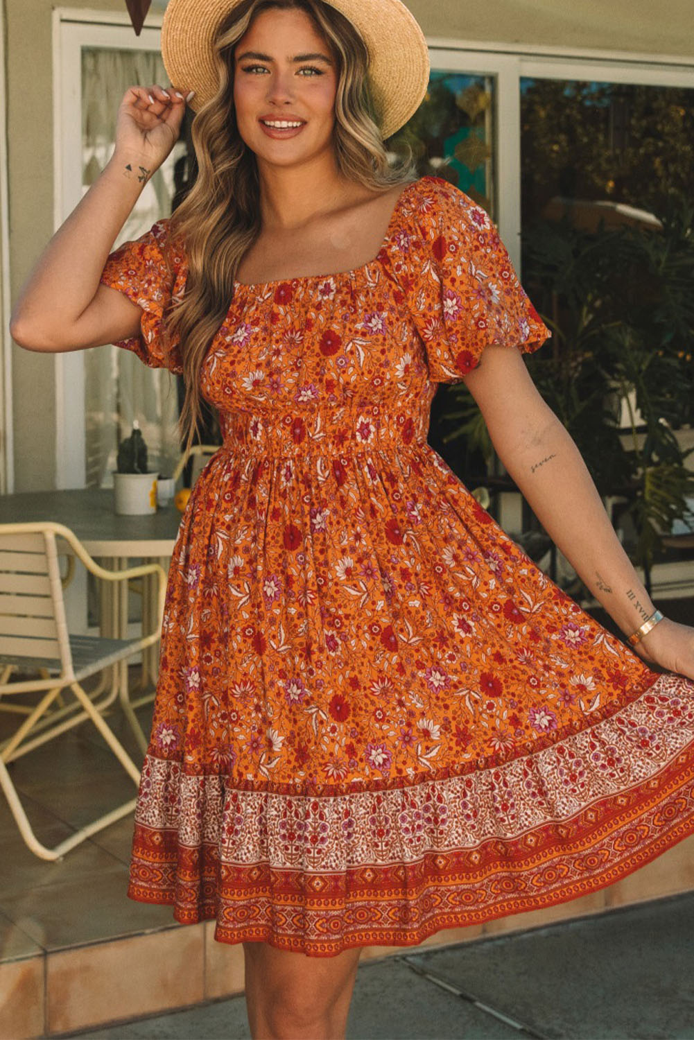 Orange Square Neck Puff Sleeves Flowy Floral Dress Floral Dresses JT's Designer Fashion