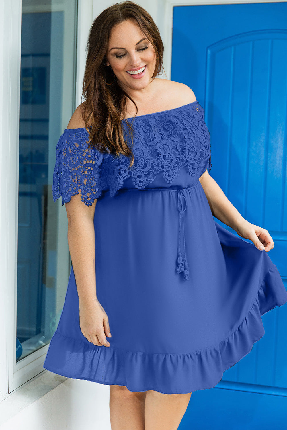 Blue Off-the-shoulder Lace Sleeves Plus size Dress Plus Size Dresses JT's Designer Fashion