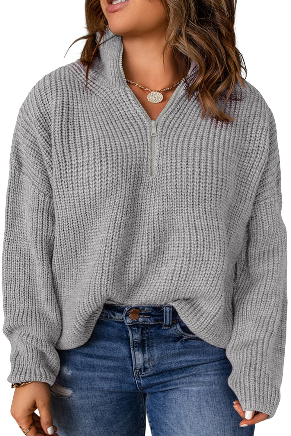 Gray Quarter-Zip Thermal Plus Size Sweater Plus Size JT's Designer Fashion