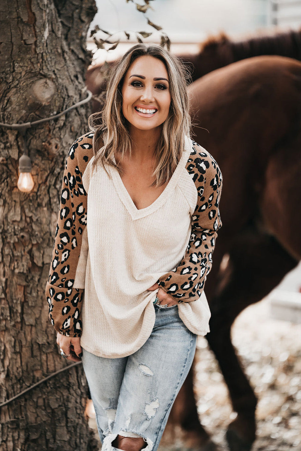 Beige Printed Plus Waffle Knit Contrast Leopard Long Sleeve Top Plus Size JT's Designer Fashion