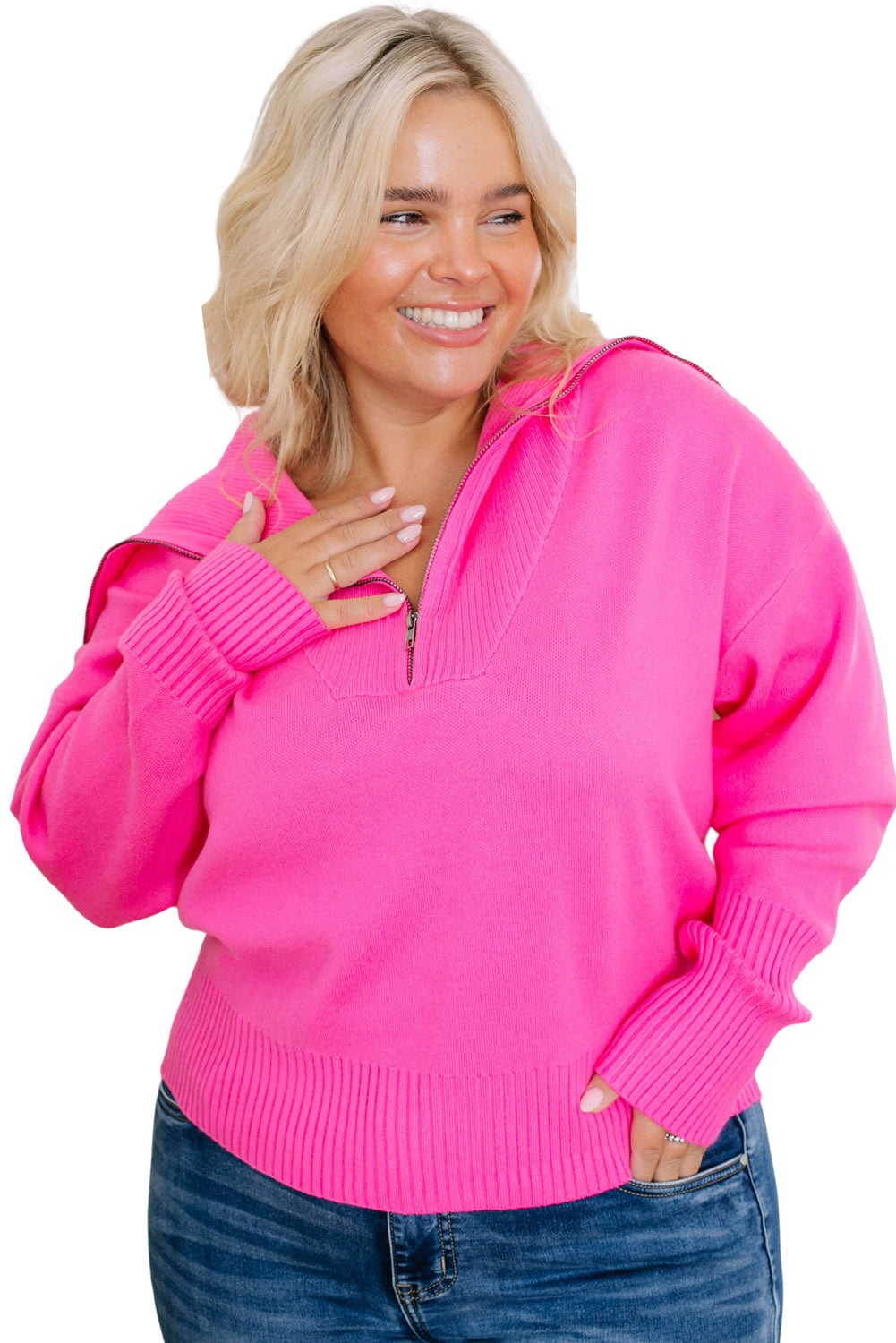 Rose Solid Ribbed Trim Plus Size Zip Collar Sweater Plus Size JT's Designer Fashion