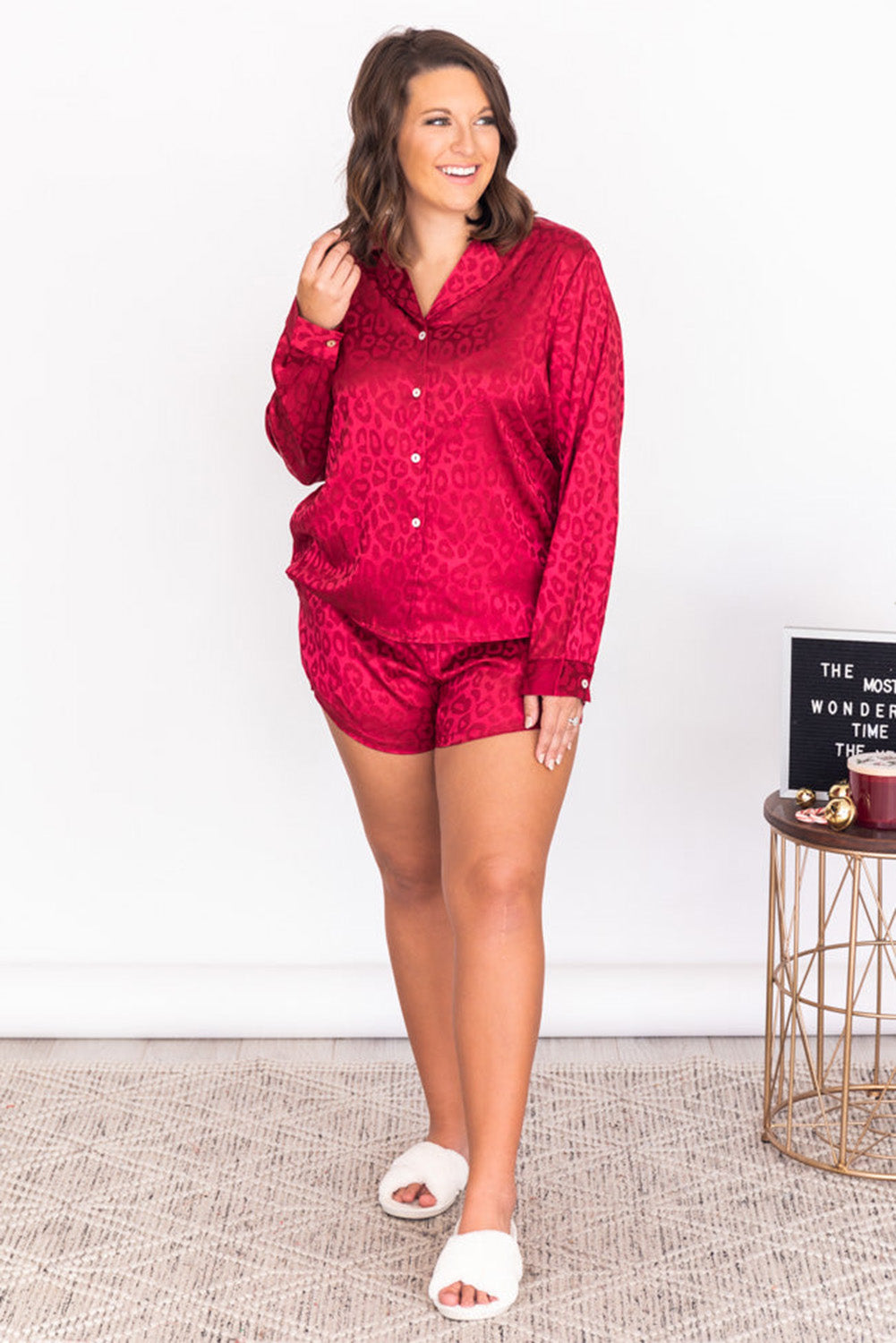 Red Leopard Print Long Sleeve Satin Plus Size Sleepwear Plus Size JT's Designer Fashion