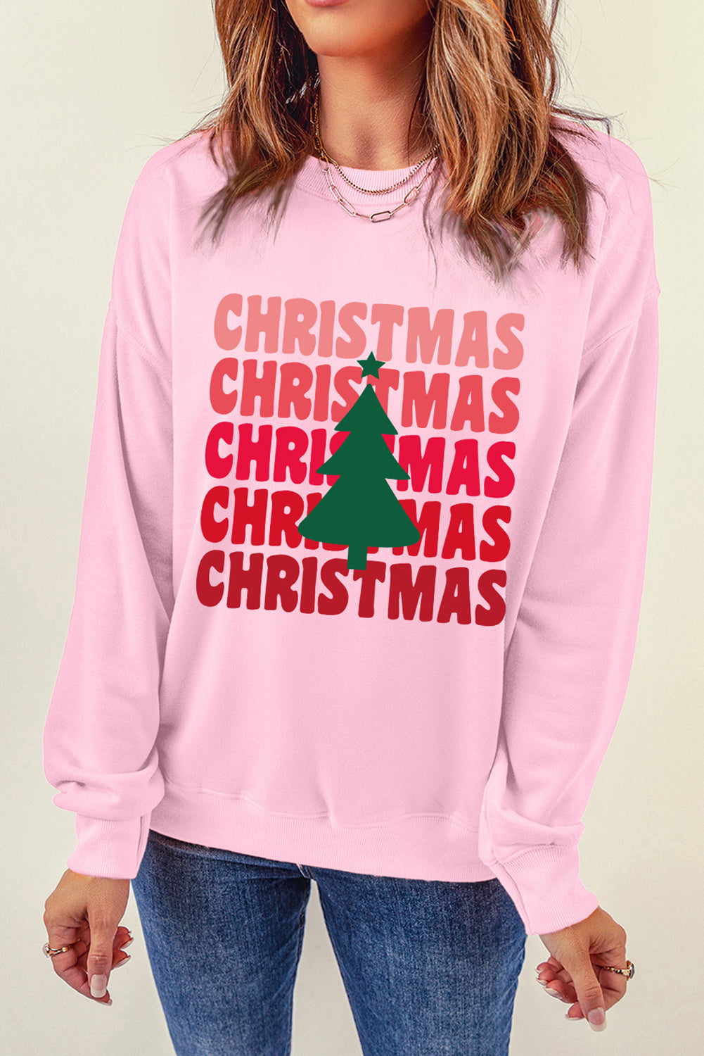 Pink CHRISTMAS Tree Print Drop Shoulder Sweatshirt Graphic Sweatshirts JT's Designer Fashion