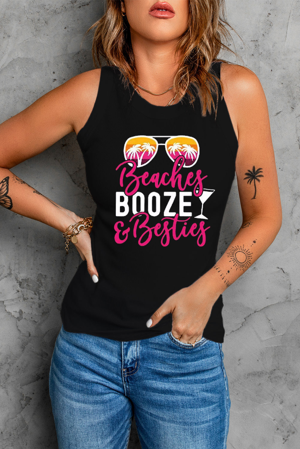 Black Beaches Booze & Besties Cruise Tank Top Black 95%Polyester+5%Spandex Graphic Tees JT's Designer Fashion