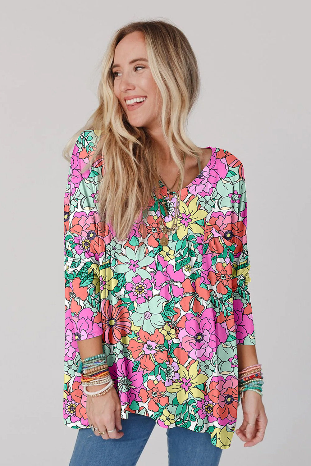 Multicolor Floral V-Neck Long Sleeve Top Tops & Tees JT's Designer Fashion