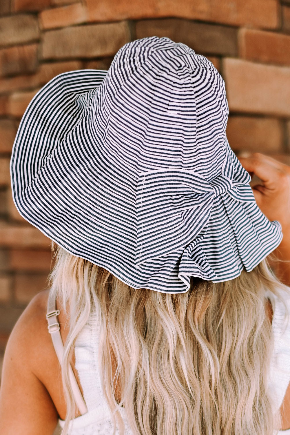 Sky Blue Striped Print Bow Knot Wide Brim Buckle Hat Hats & Caps JT's Designer Fashion