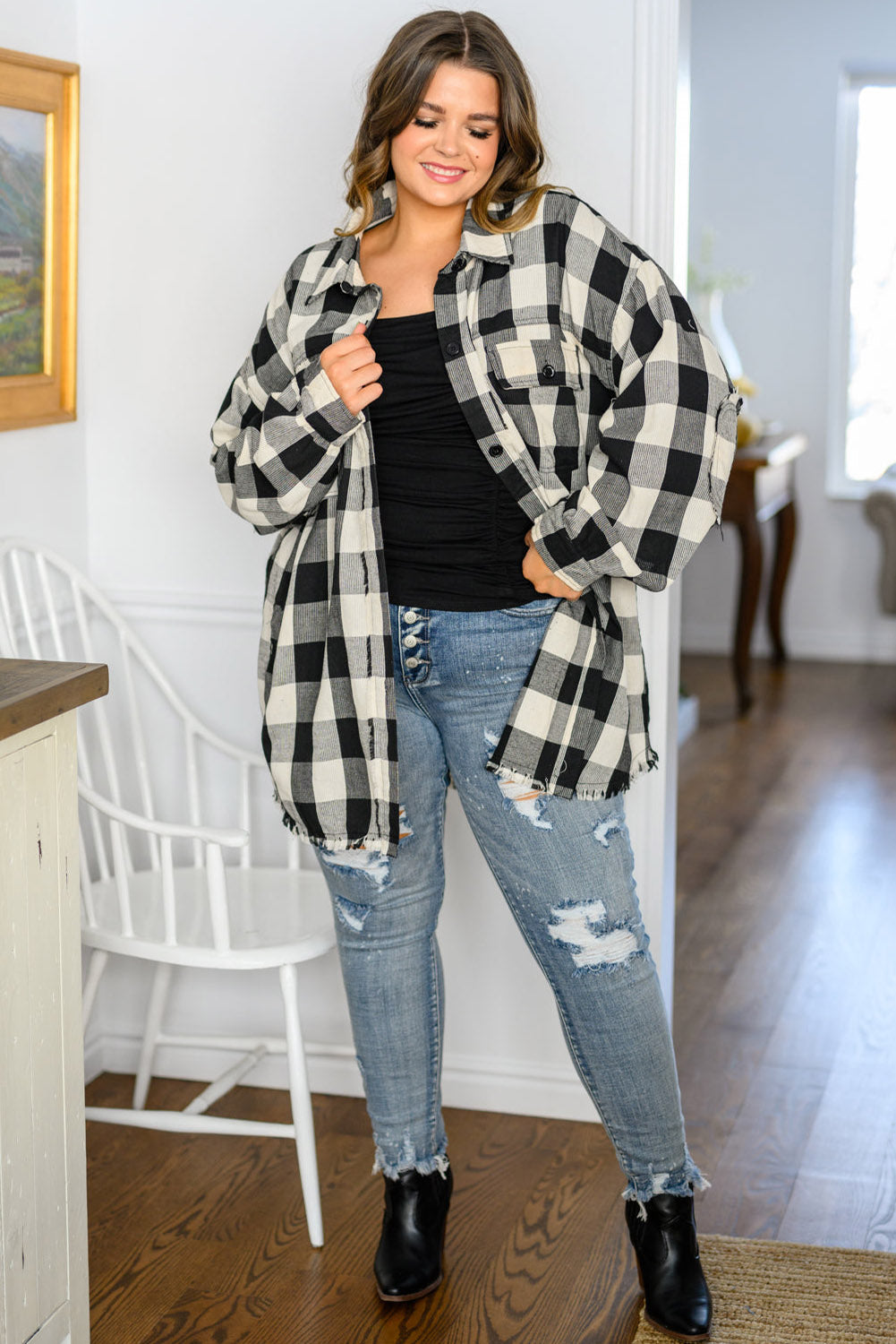 Black Plaid Elbow Patch Raw Hem Plus Size Shacket Plus Size JT's Designer Fashion