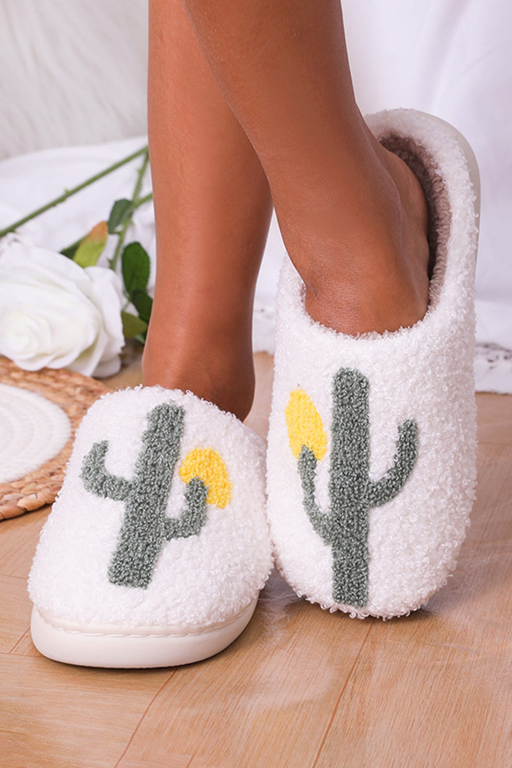 White Fuzzy Cactus Pattern Winter Home Slippers Slippers JT's Designer Fashion