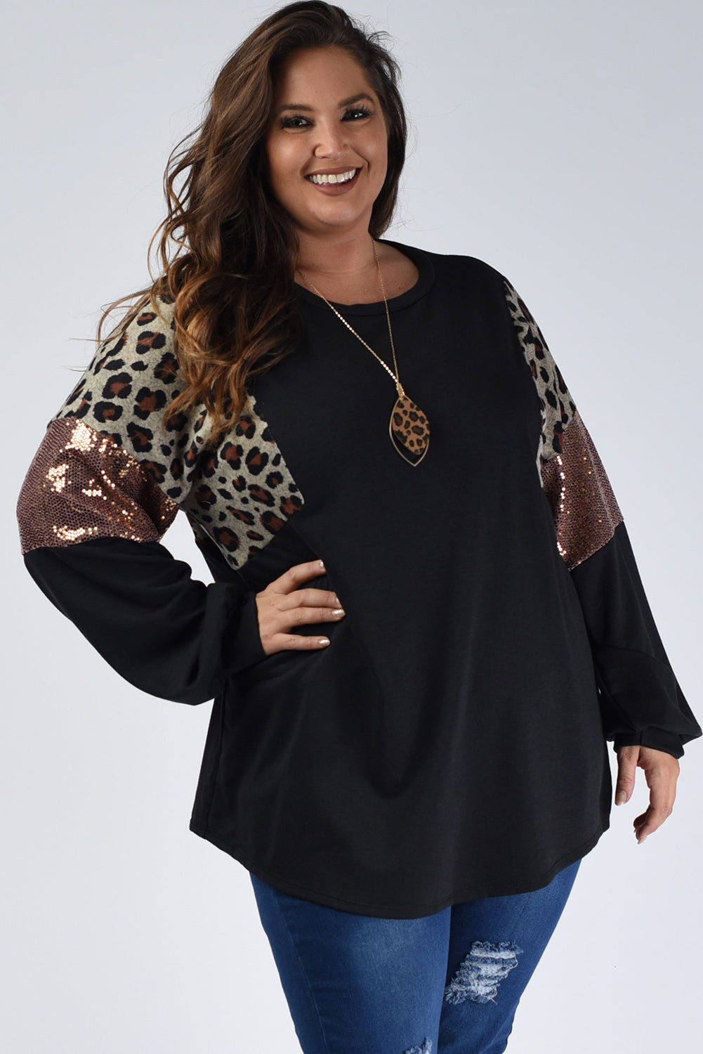 Black Leopard Sequin Patch Plus Size Long Sleeve Top Plus Size JT's Designer Fashion