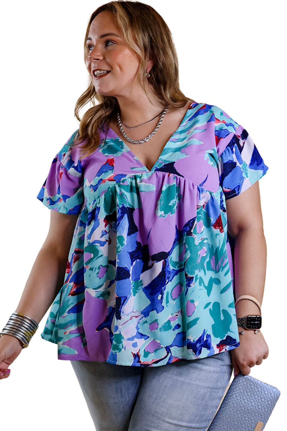 Blue Abstract Floral Print V Neck Plus Blouse Plus Size Tops JT's Designer Fashion